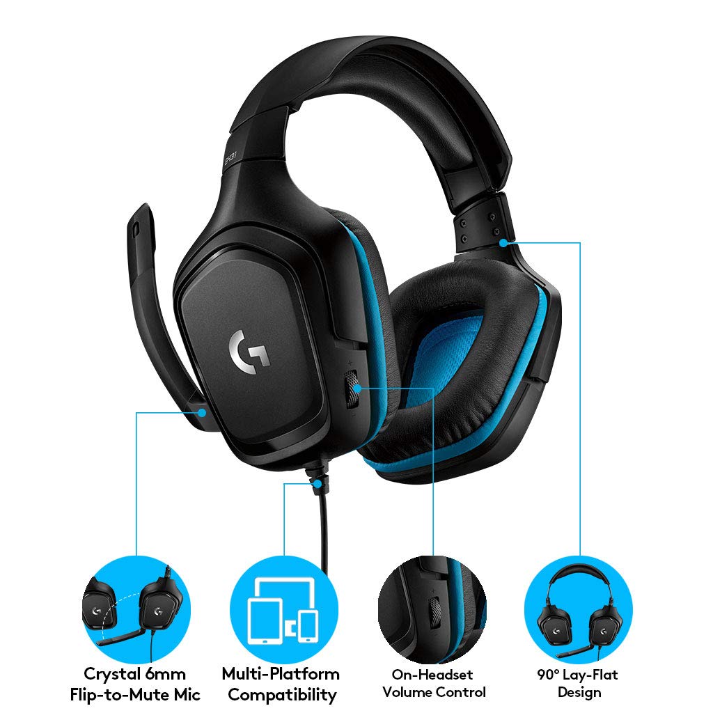 Logitech G431 with 7.1 Surround Sound, DTS X 2.0, 50 mm Audio Drivers, USB and 3.5 mm Jack, Flip-to-Mute Mic Wired Over Ear Headphones with Mic for PC - Black