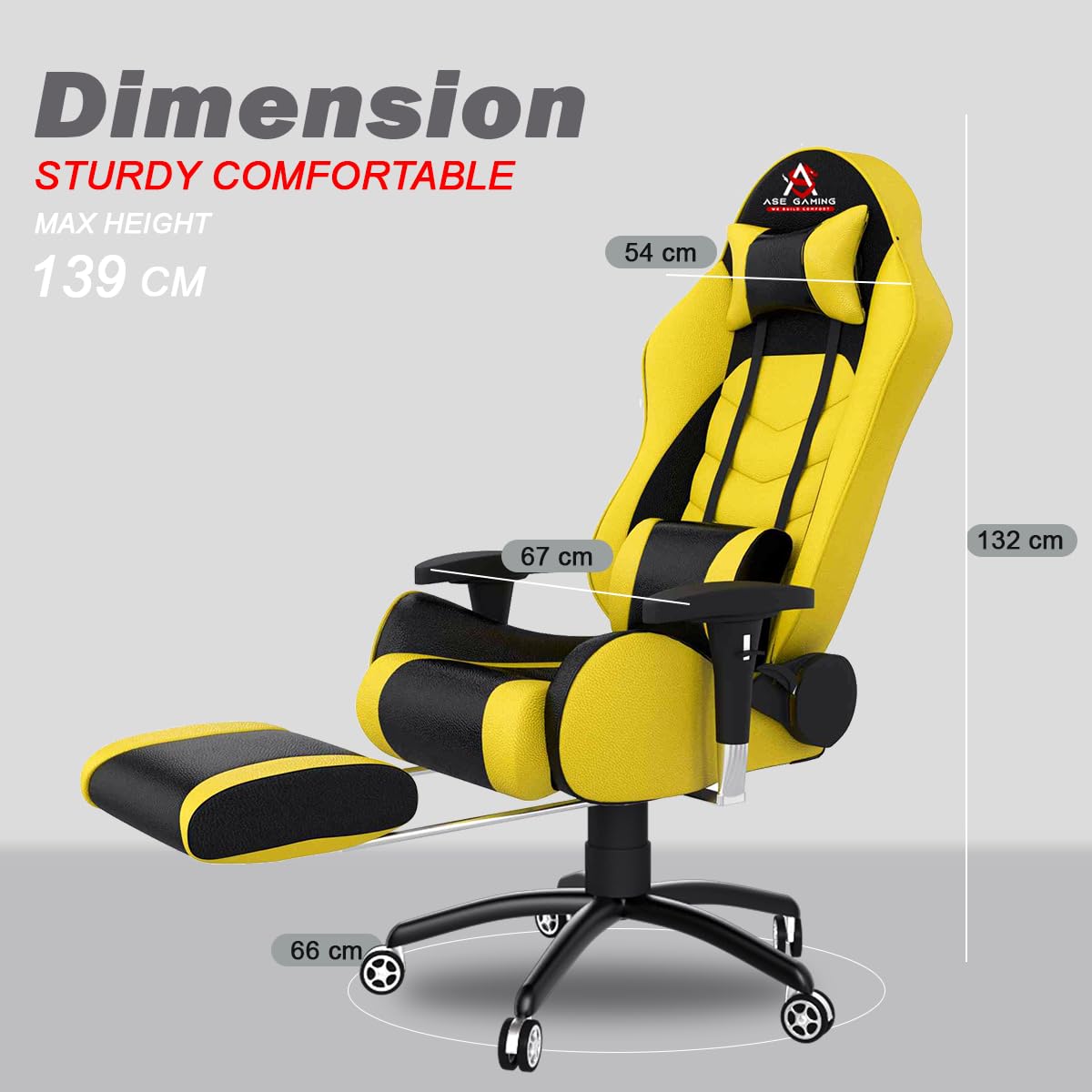 ASE GAMING Gold Series Ergonomic Gaming Chair with Footrest Premium PU Leather, Adjustable Neck & Lumbar Pillow, 180 Degree Recline with Black Metal Base (Yellow)
