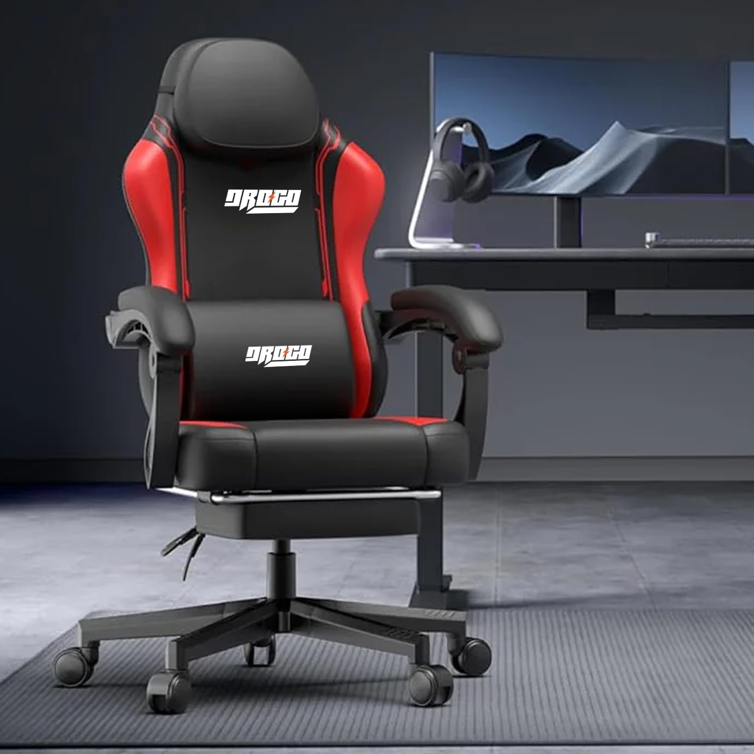 DROGO Ergonomic Gaming Chair, High Back Computer Chair with PU Leather, Linkage Arm Rest, Adjustable Height, Head & Lumbar Support Pillow | Home & Office Chair with Footrest & Recline (Onyx Red)