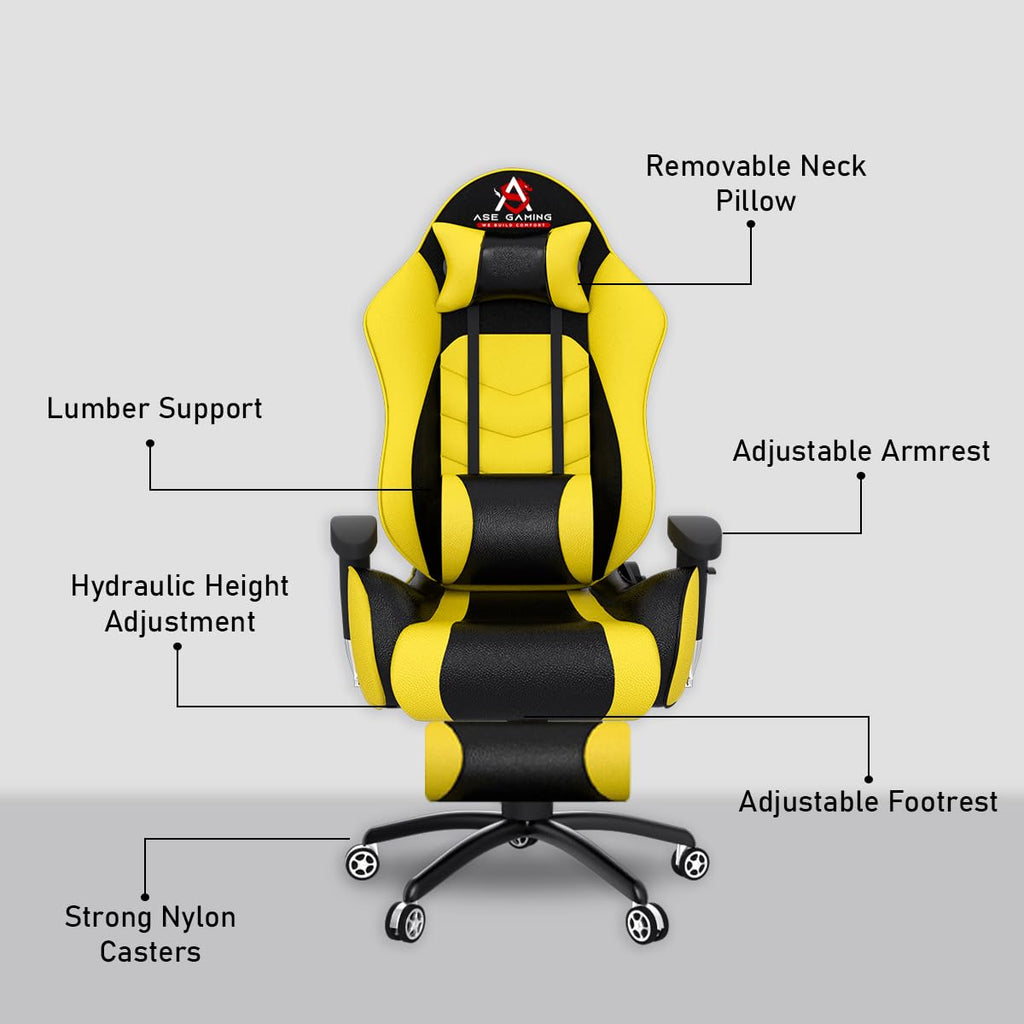 ASE GAMING Gold Series Ergonomic Gaming Chair with Footrest Premium PU Leather, Adjustable Neck & Lumbar Pillow, 180 Degree Recline with Black Metal Base (Yellow)