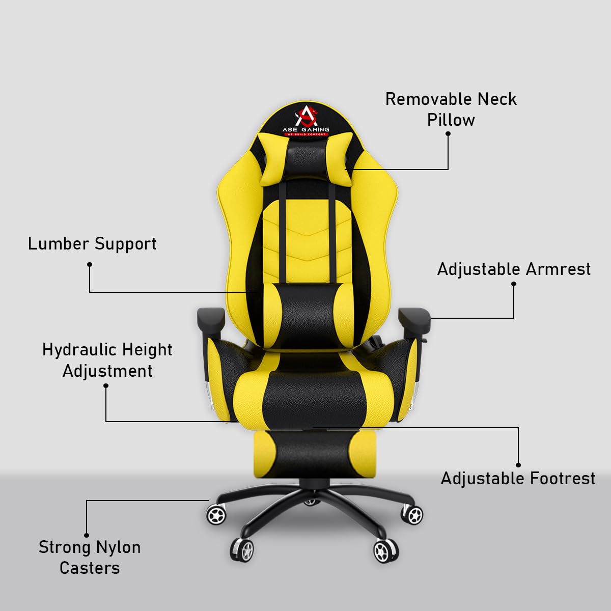 ASE GAMING Gold Series Ergonomic Gaming Chair with Footrest Premium PU Leather, Adjustable Neck & Lumbar Pillow, 180 Degree Recline with Black Metal Base (Yellow)