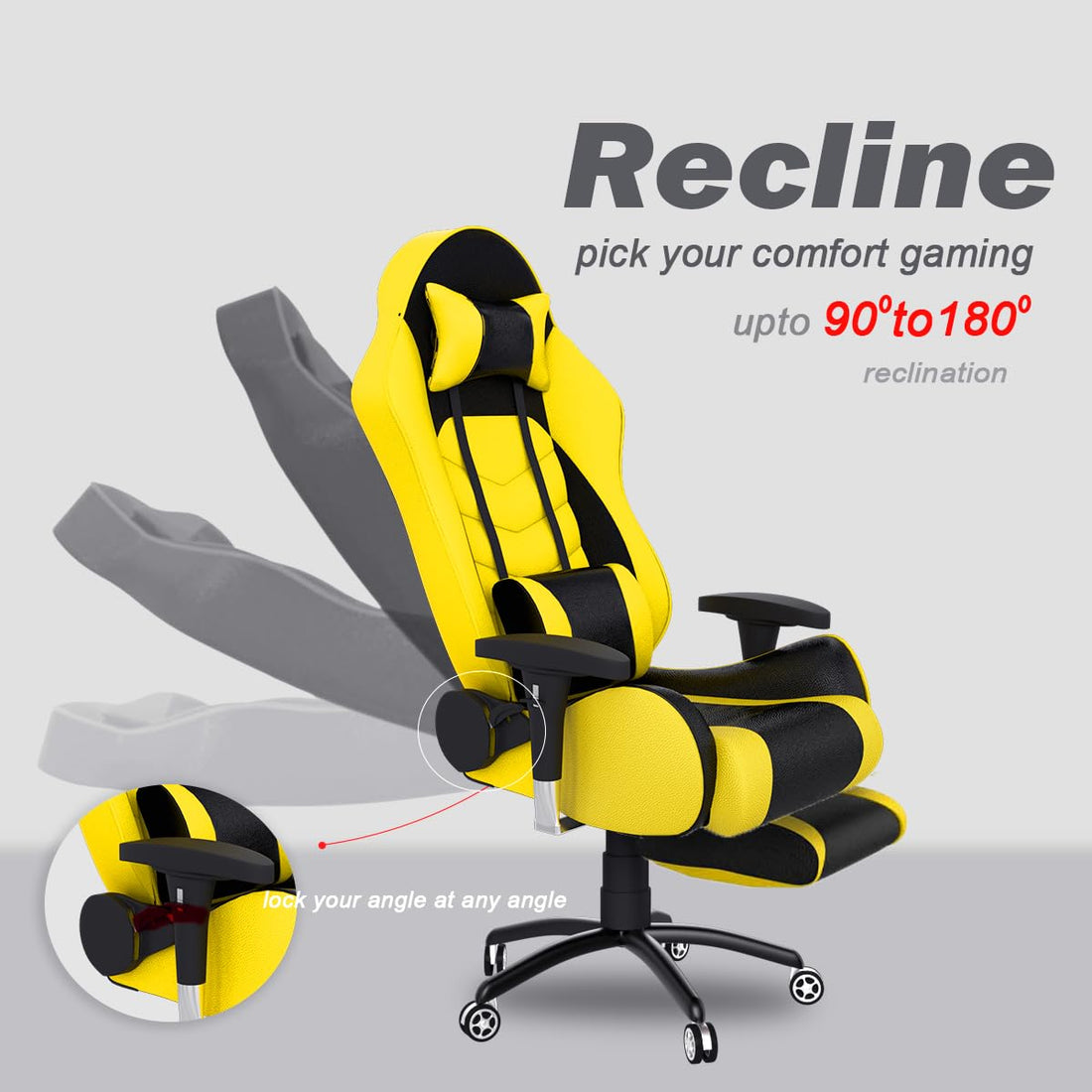 ASE GAMING Gold Series Ergonomic Gaming Chair with Footrest Premium PU Leather, Adjustable Neck & Lumbar Pillow, 180 Degree Recline with Black Metal Base (Yellow)