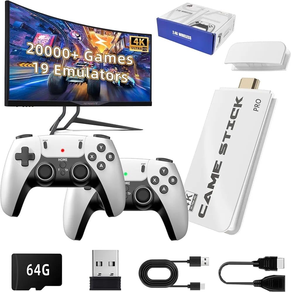 Toy Rush Wireless Video Games for Tv Gaming, Retro Gaming Console with Game Stick 4K HD Game Stick,Plug & Play TV Video Game Set for 2 Player with 10 Emulators 24000+ Mario,Tekken3 2.4g Wireless