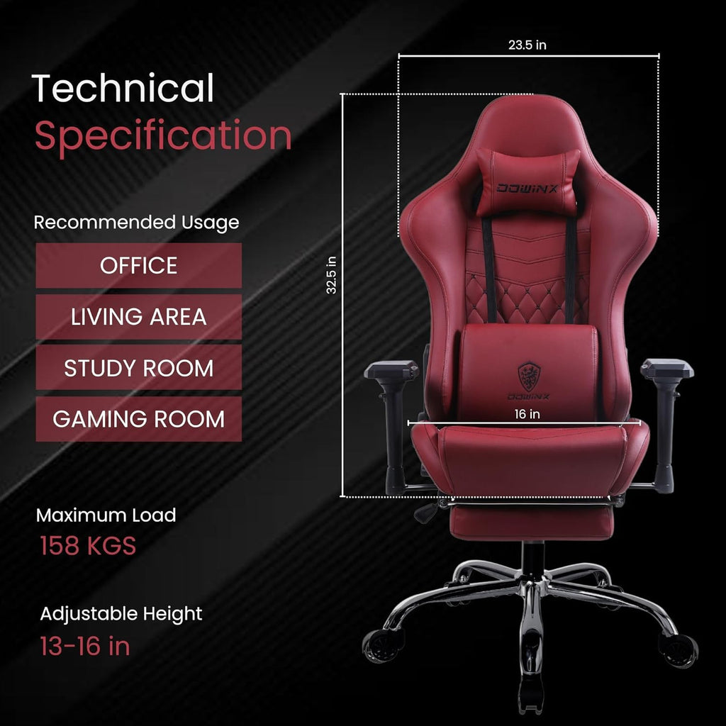 Dowinx Premium Leather Gaming Chair with Massage Cushion and Footrest, Office Chair, Adjustable Swivel Chair with Lumbar Support, Headrest, Ergonomic Design for Office (Maroon)