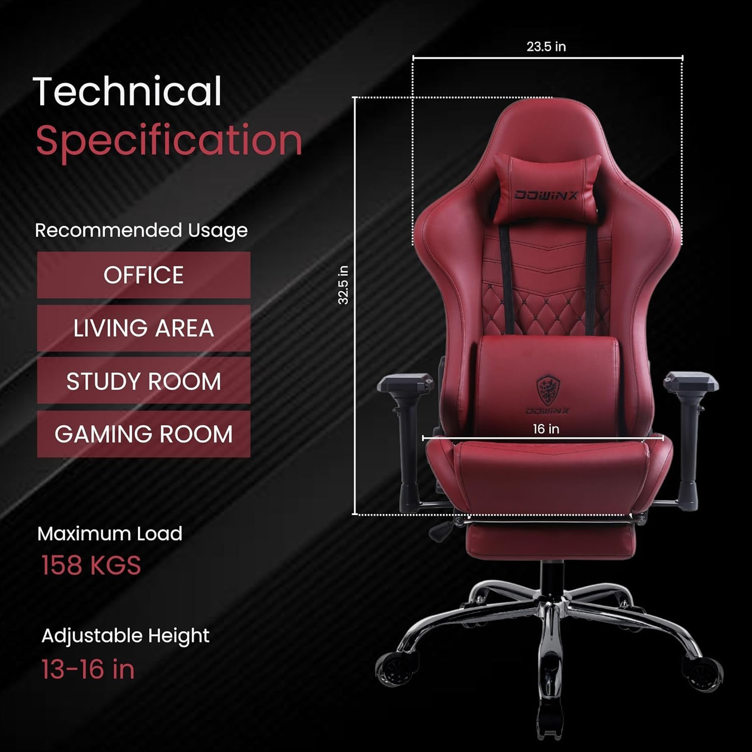 Dowinx Premium Leather Gaming Chair with Massage Cushion and Footrest, Office Chair, Adjustable Swivel Chair with Lumbar Support, Headrest, Ergonomic Design for Office (Maroon)