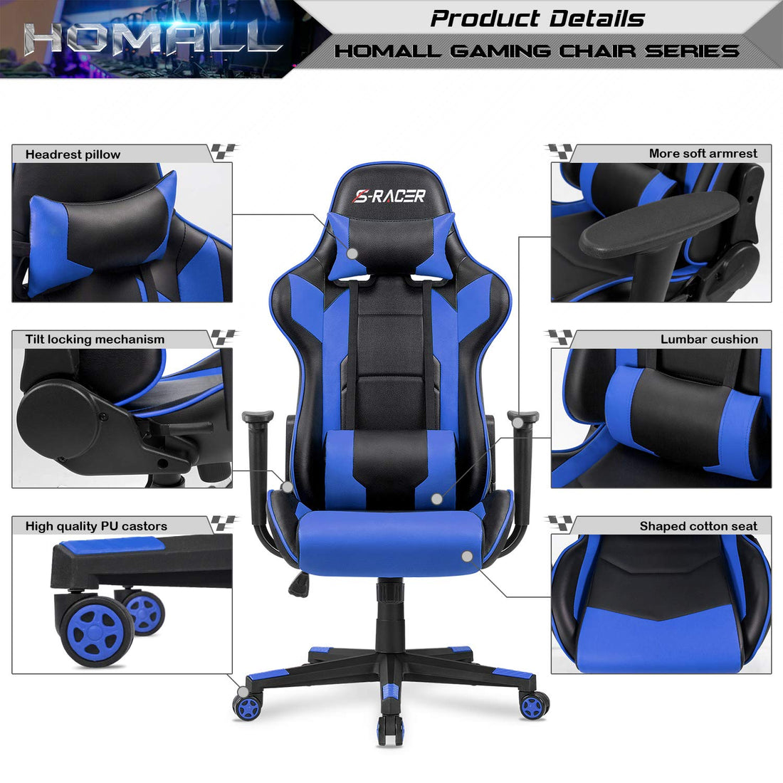 Homall Gaming Chair Office Chair High Back Computer Chair PU Leather Desk Chair PC Racing Executive Ergonomic Adjustable Swivel Task Chair with Headrest and Lumbar Support (Blue)