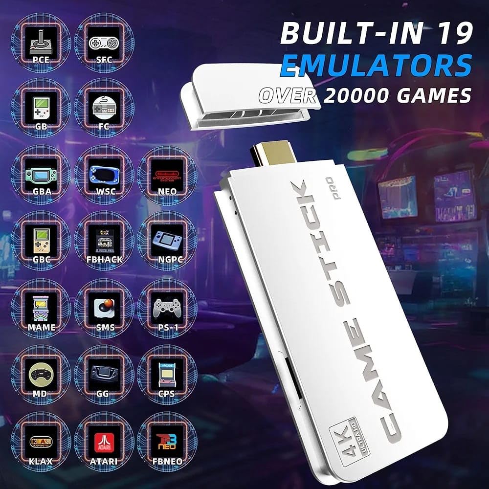 Toy Rush Wireless Video Games for Tv Gaming, Retro Gaming Console with Game Stick 4K HD Game Stick,Plug & Play TV Video Game Set for 2 Player with 10 Emulators 24000+ Mario,Tekken3 2.4g Wireless