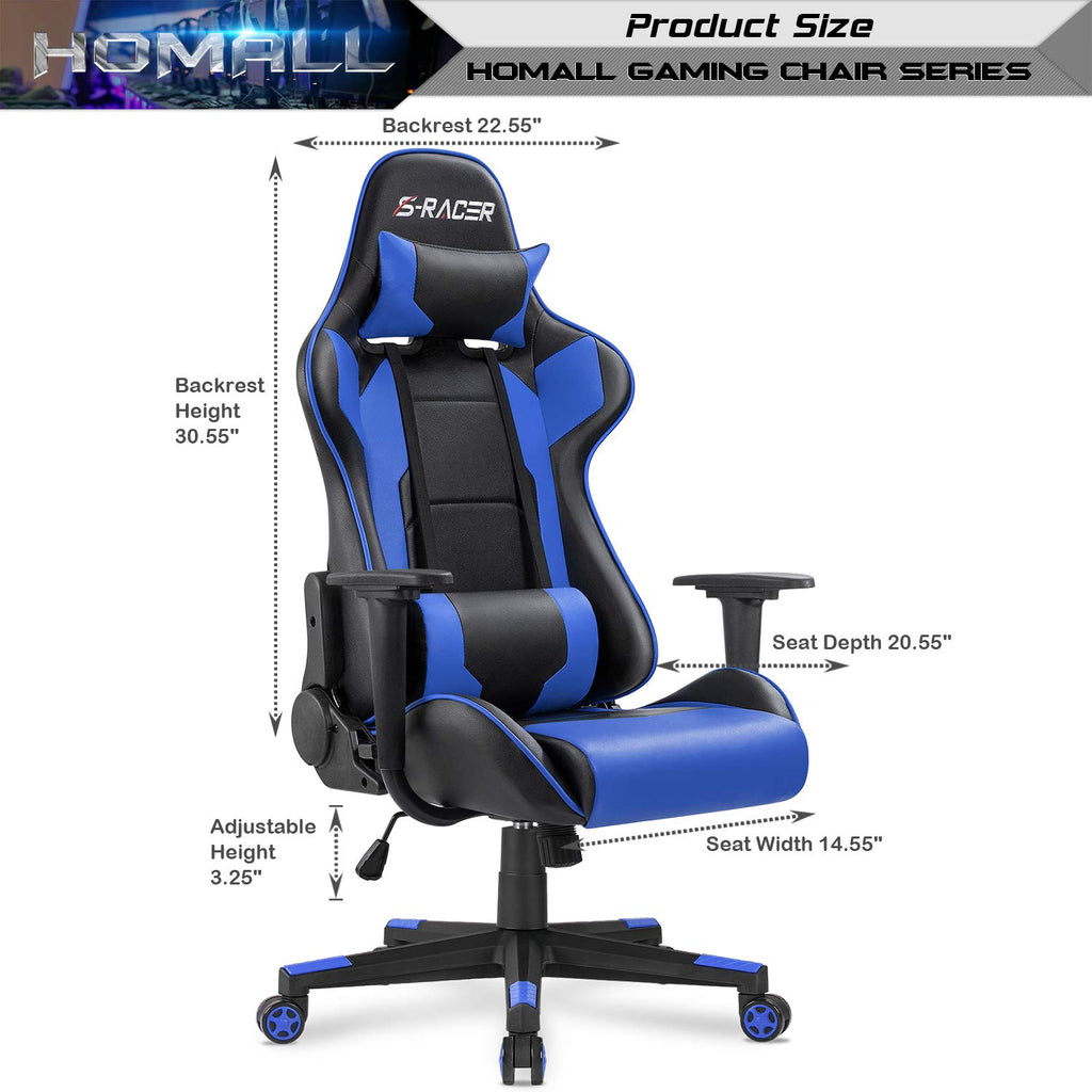 Homall Gaming Chair Office Chair High Back Computer Chair PU Leather Desk Chair PC Racing Executive Ergonomic Adjustable Swivel Task Chair with Headrest and Lumbar Support (Blue)