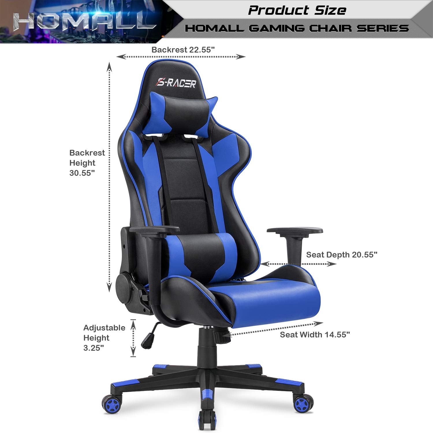 Homall Gaming Chair Office Chair High Back Computer Chair PU Leather Desk Chair PC Racing Executive Ergonomic Adjustable Swivel Task Chair with Headrest and Lumbar Support (Blue)
