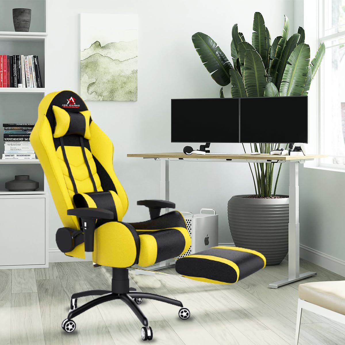 ASE GAMING Gold Series Ergonomic Gaming Chair with Footrest Premium PU Leather, Adjustable Neck & Lumbar Pillow, 180 Degree Recline with Black Metal Base (Yellow)