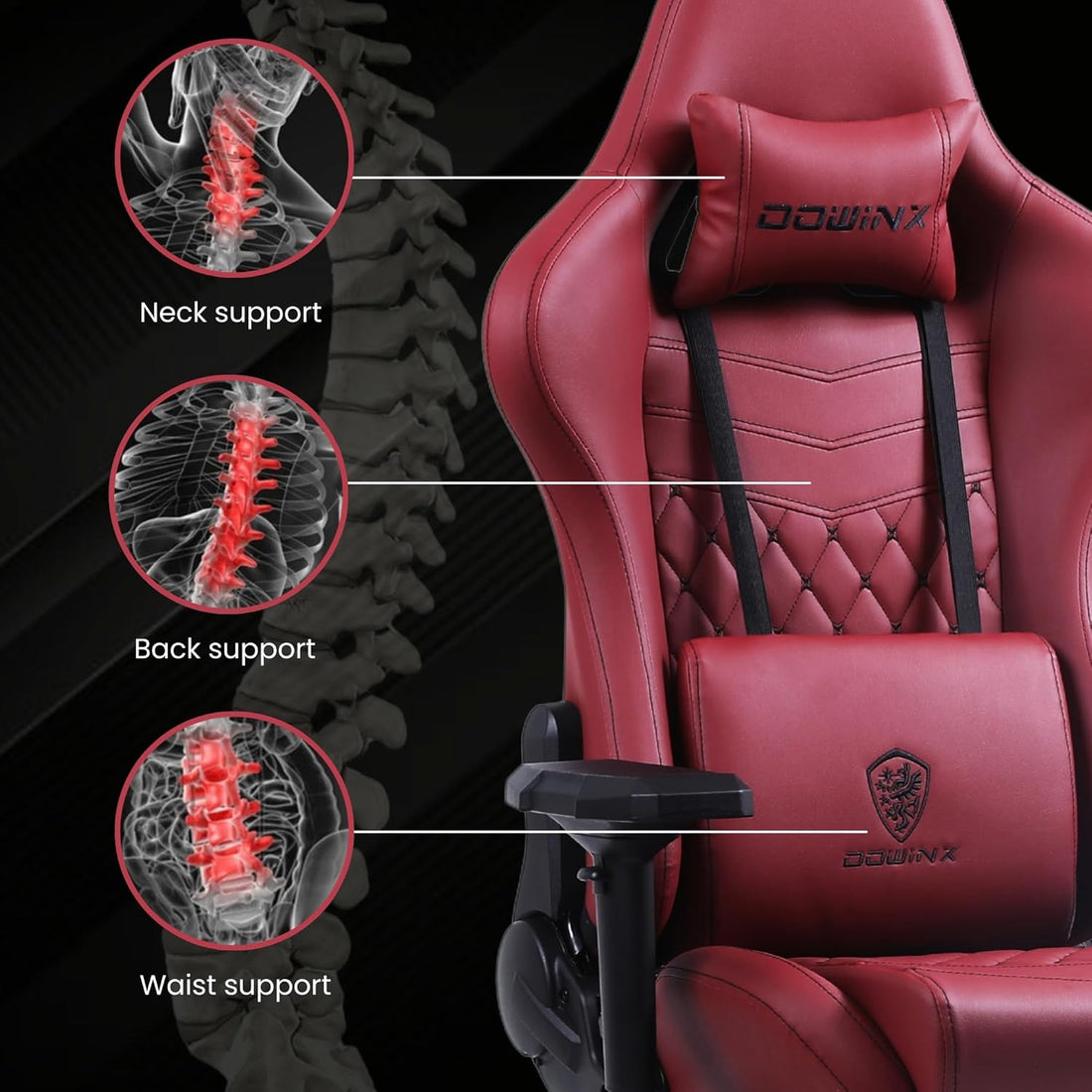 Dowinx Premium Leather Gaming Chair with Massage Cushion and Footrest, Office Chair, Adjustable Swivel Chair with Lumbar Support, Headrest, Ergonomic Design for Office (Maroon)