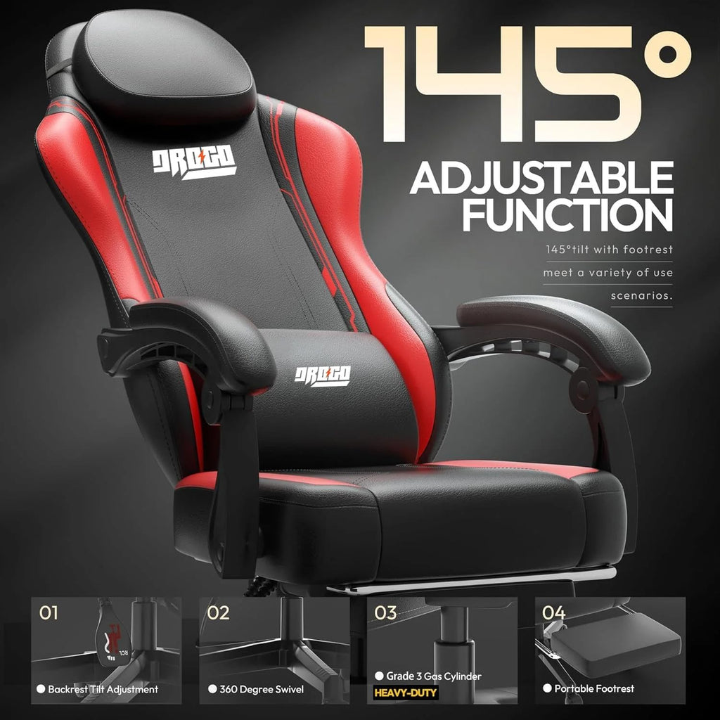 DROGO Ergonomic Gaming Chair, High Back Computer Chair with PU Leather, Linkage Arm Rest, Adjustable Height, Head & Lumbar Support Pillow | Home & Office Chair with Footrest & Recline (Onyx Red)