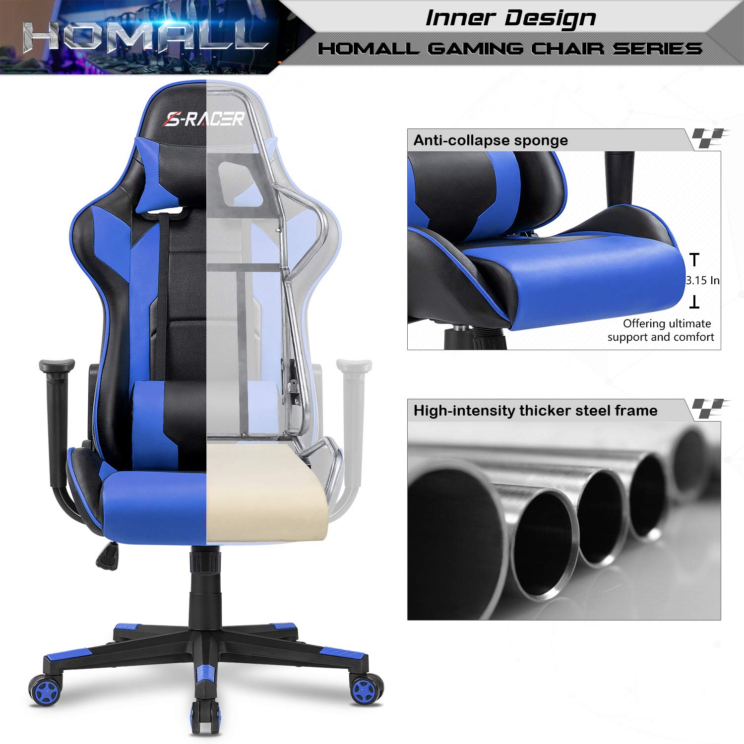 Homall Gaming Chair Office Chair High Back Computer Chair PU Leather Desk Chair PC Racing Executive Ergonomic Adjustable Swivel Task Chair with Headrest and Lumbar Support (Blue)